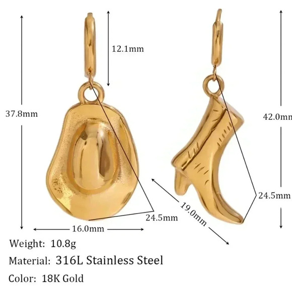 *NEW* 18K Gold Plated Stainless Steel Earrings -  Cowboy Hat & Boot - Picture 6 of 8